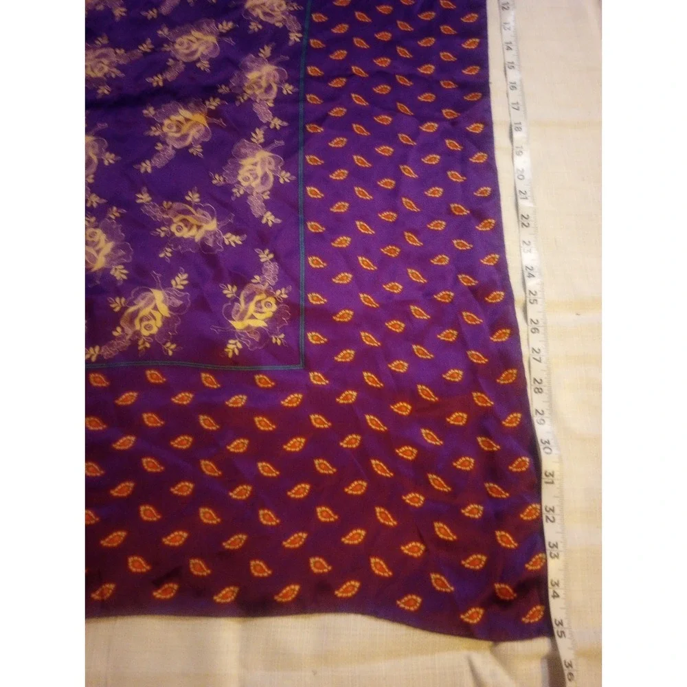Vintage Unbranded Purple Rose/‎ Paisley Square Scarf Silk Or Polyester 35 In